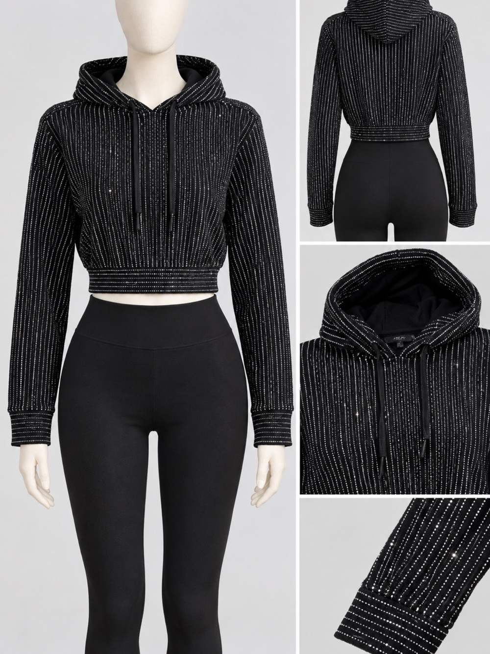 AKIRA Black Cropped Hoodie with Silver Pinstripe Detailing